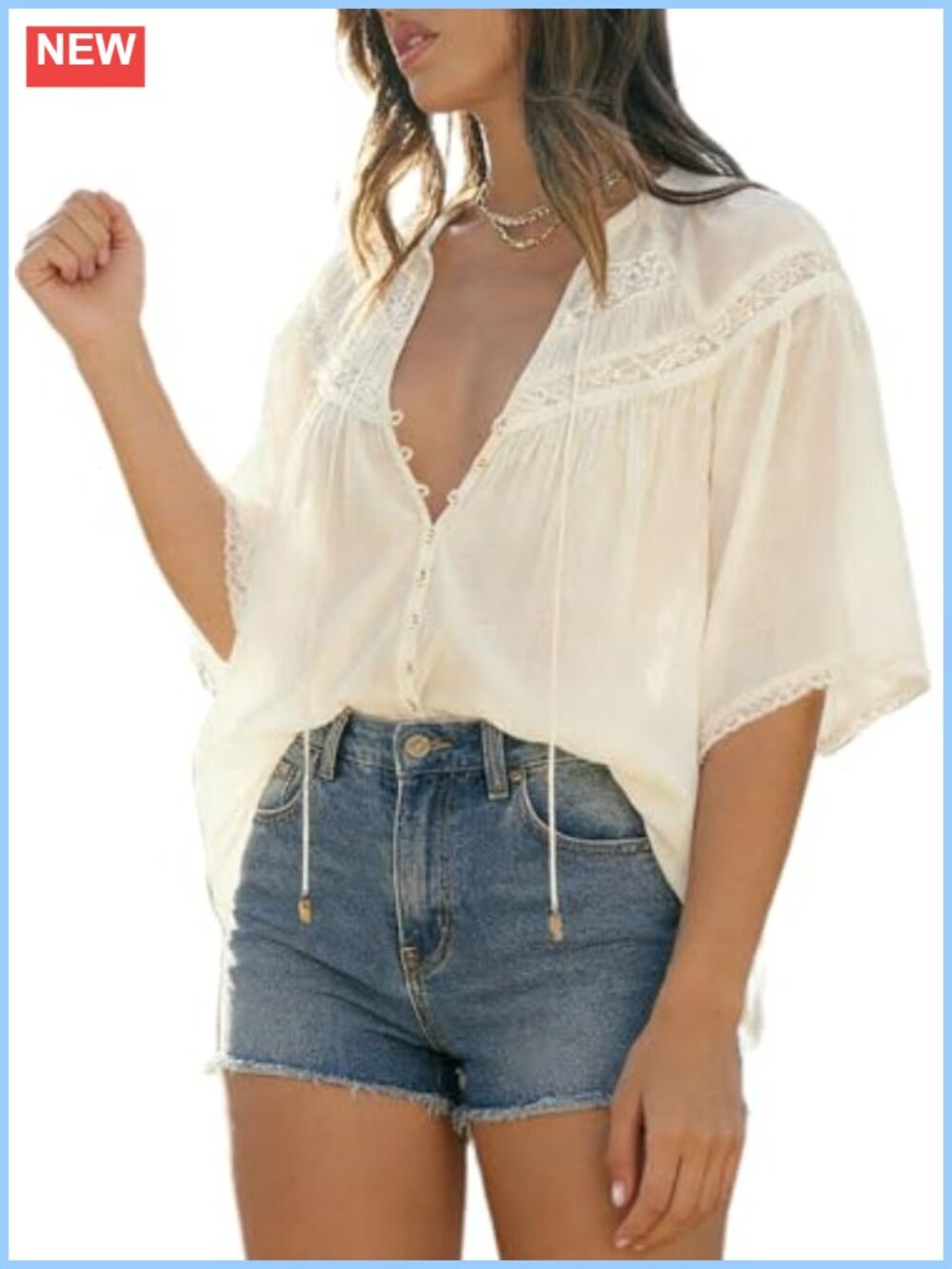 Tie Front Lace Blouse Boho Puff Sleeve Chiffon Top - Women's Flowy Peasant Shirt